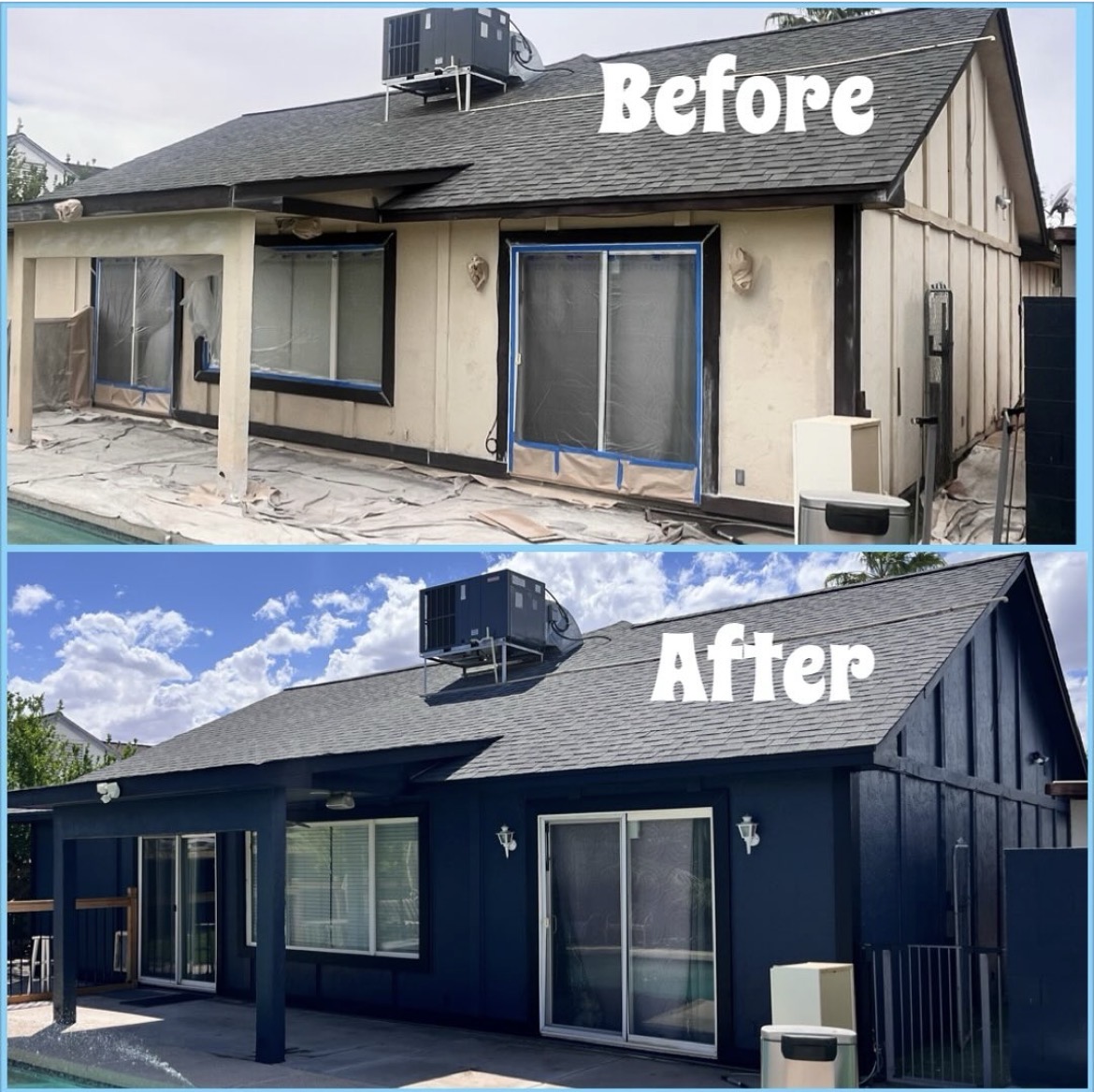 Peoria ranch home, before and after deep navy exterior repaint