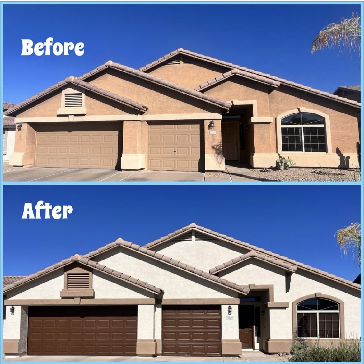 Buckeye single-story stucco home, before and after exterior repaint